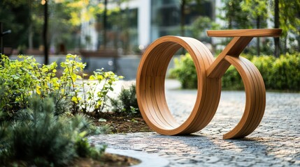 A minimalist wooden bike rack integrated into a landscaped public area, combining functionality with modern design