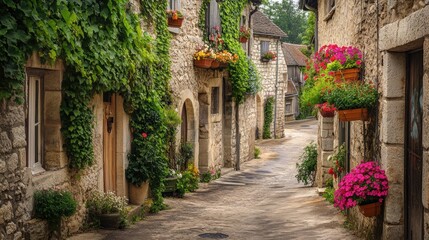 Fototapeta premium A charming French village with ivy-covered stone houses, narrow alleyways, and vibrant flower boxes on the windowsills