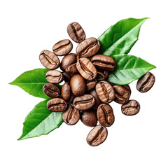 Overhead Top View of Spilled Arabica Coffee Beans With Green Leaves - Cloud Break. Isolated on a Transparent Background. Cutout PNG.
