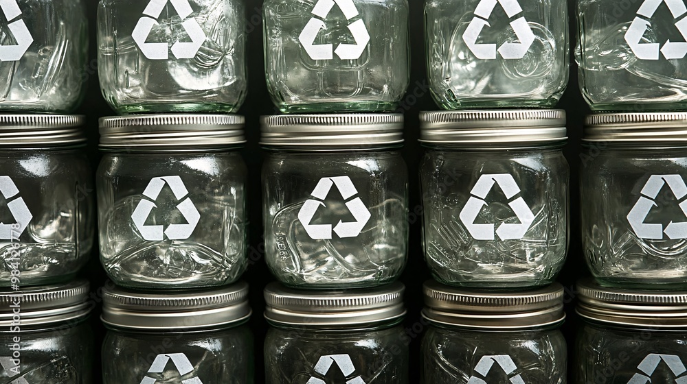 Poster A stack of glass jars with recycle symbols on the lids, promoting the idea of reusing and recycling glass containers for various household purposes. The scene highlights sustainability and