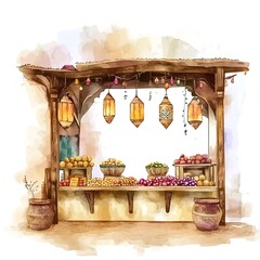 Watercolor Painting of a Traditional Market Stall with Lanterns and Fruit.