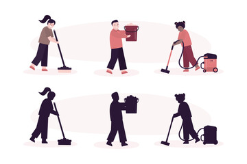 Kids team cleaning team doing household chores. Inspired boy and girl with mop, water bucket and vacuum cleaner. Teamwork, washing floor. Set of children help parents with housework.
