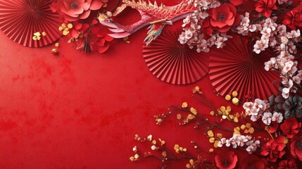 A red background with a dragon and flowers. The dragon is on the left side of the image and the flowers are on the right side