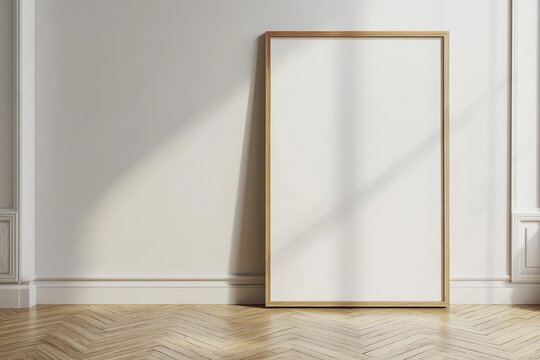 A simple and minimalist interior with a wooden-framed blank canvas leaning against a white wall