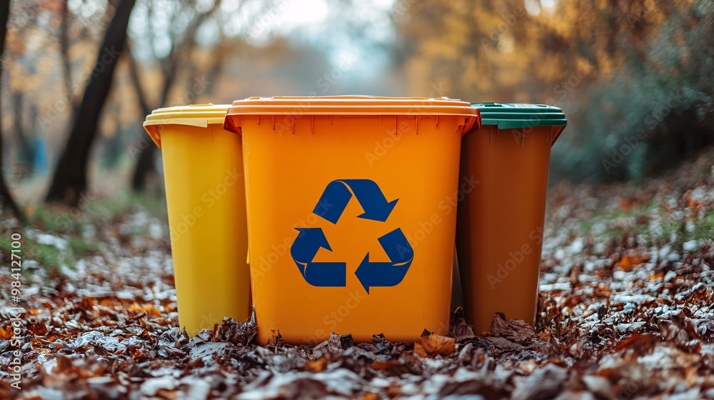 Poster An outdoor trash bin with separate compartments for different recyclable materials. The large recycle icon on the bin ensures that users can easily distinguish where to deposit their recyclable