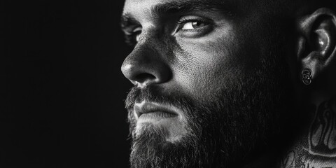 Stylized black and white portrait of a man with a beard, contemplative expression.