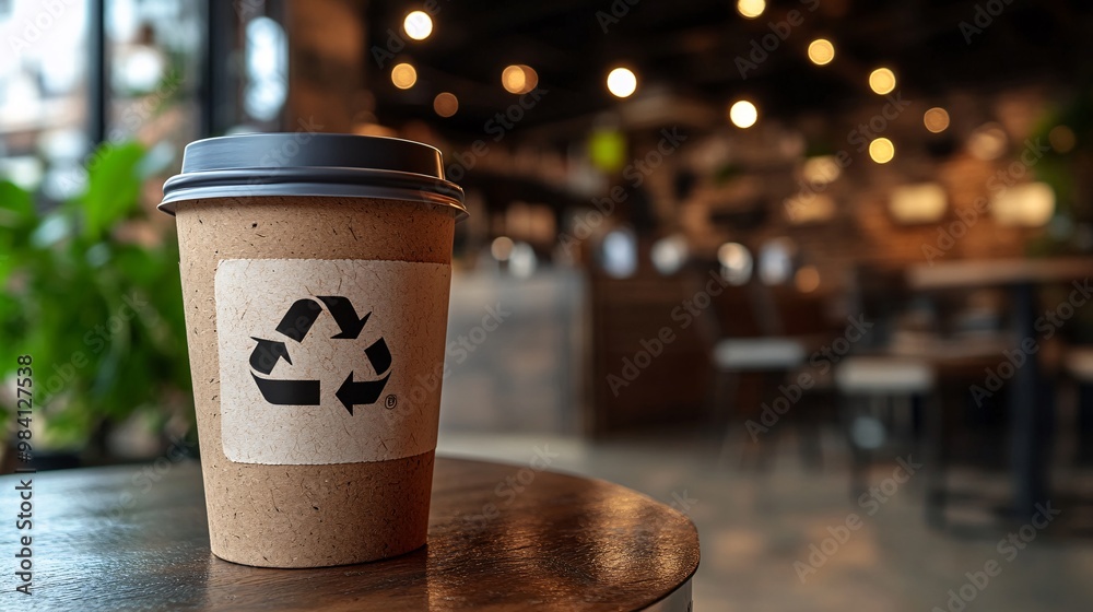 Poster a biodegradable coffee cup with a recycle icon on the sleeve, placed in a modern setting. the photo 