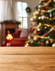 Close-up of an empty wooden table, background of a house decorated for Christmas, copy space on a side