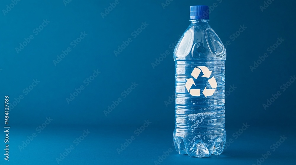 Poster a clear plastic detergent bottle with a large recycle symbol printed on the side. the image draws at