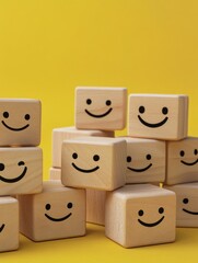 Set of wooden cubes with happy smiley faces, suitable for children's playtime. Colorful background adds to the cheerful atmosphere.