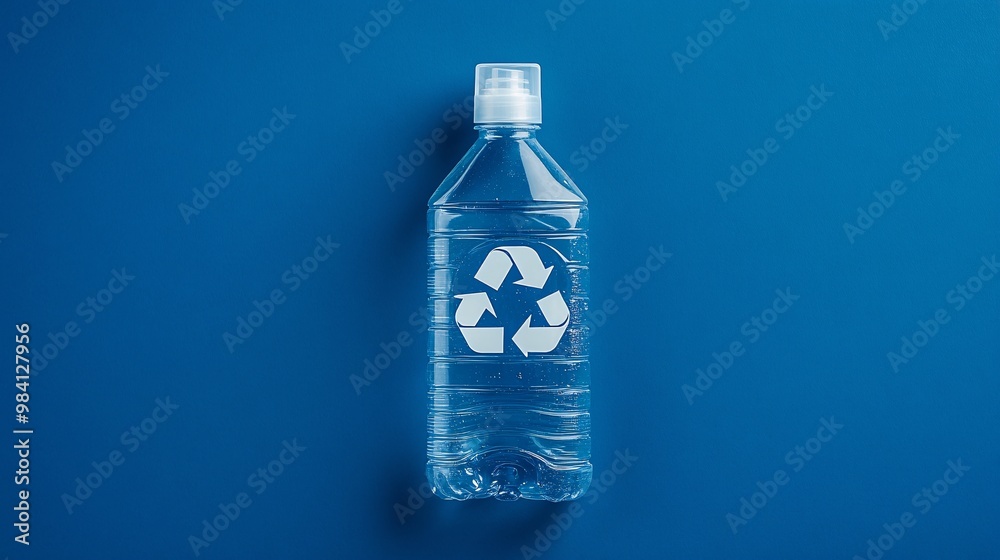 Poster a clear plastic detergent bottle with a large recycle symbol printed on the side. the image draws at