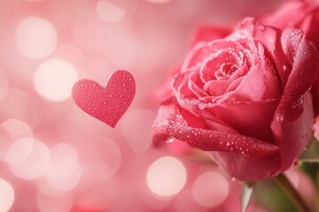 A dewy pink rose with a heart-shaped decoration, against a soft pink bokeh background, symbolizing love and romance.
