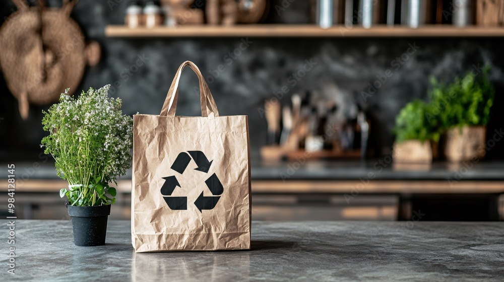Poster a biodegradable shopping bag with a bold recycle symbol, placed on a countertop. the image emphasize