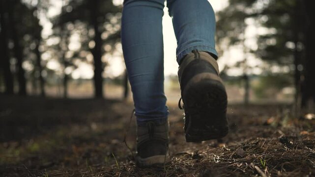 Feet walk through forest nature stroll. Close up feet walking tranquility woodland path. Journeying walk forest. Steady feet tread on leaf strewn trail. Walking harmony with nature feet among trees.