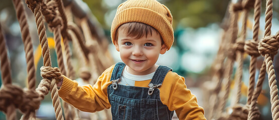 An image of a happy little boy walking along a rope bridge in a park.