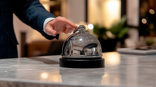 Guest checking in at a hotel reception desk, copy space for text, hotel advertising, resort advert