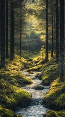 Obraz premium Peaceful forest clearing with soft moss, tall trees