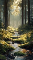 Fototapeta premium Peaceful forest clearing with soft moss, tall trees