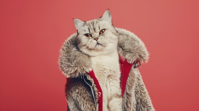 A cat modeling in a fur coat on a red background.