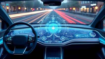 A futuristic self-driving car interface displaying real-time data, navigation, vehicle controls on a sleek digital dashboard. This cutting-edge design highlights autonomous technology, smart driving.