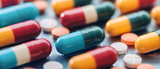 Colorful capsules and tablets arranged on a surface.