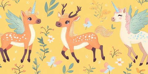 Obraz premium Three unicorns and deer are walking through a field of flowers. The unicorns have wings and the deer have antlers