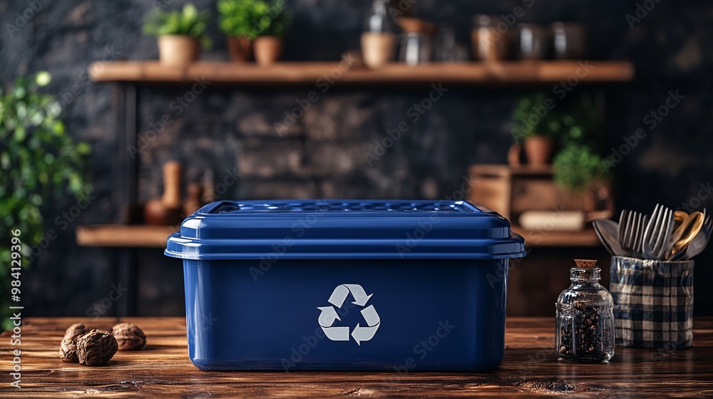 Poster a plastic lunchbox with a recycle symbol molded into the lid. the image encourages the recycling of 