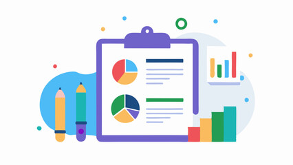 An infographic illustration displaying various charts and graphs, including pie charts and a financial report with charts and graphs. vector art illustration