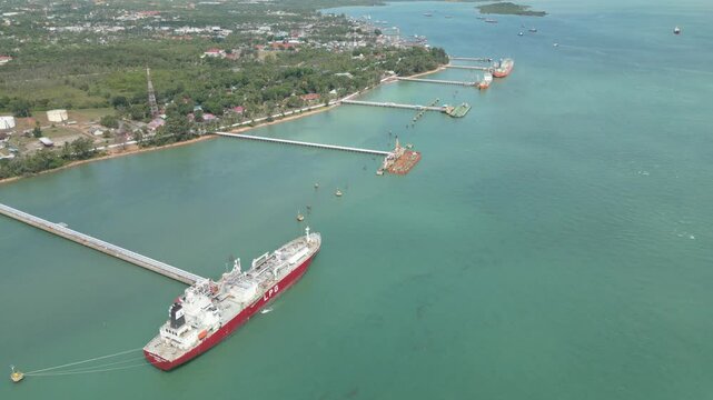 Aerial view of the jetty at Pertamina Tanjung Uban port
