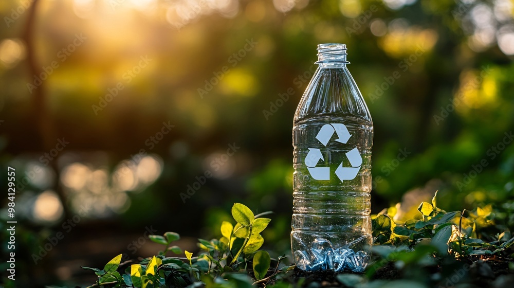 Poster a close-up shot of a recycle icon on a transparent plastic bottle, with the focus on the symbol to p