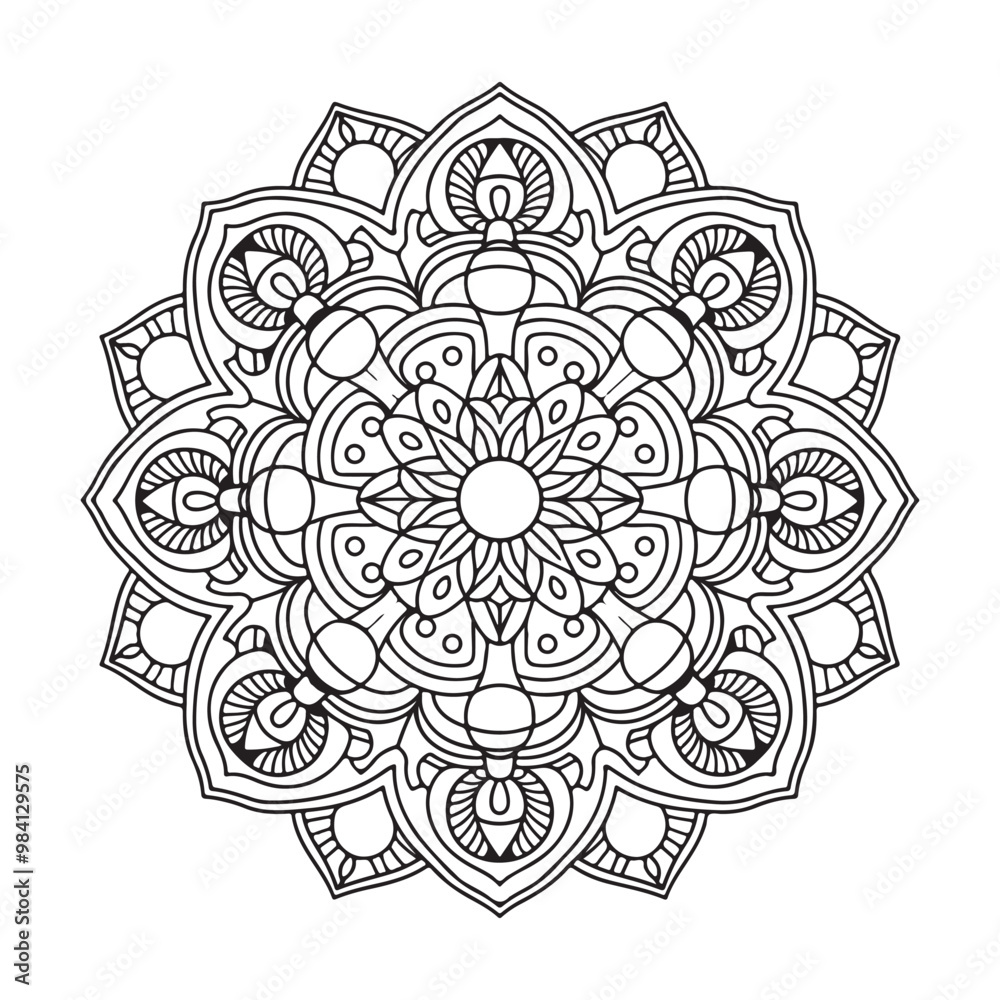 Wall mural mandala line art background with floral ornament pattern, mandala design, vector mandala template.