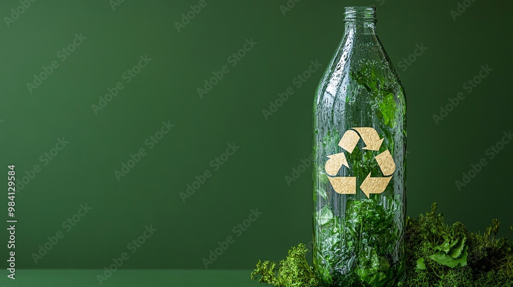 Poster a glass beverage bottle with a recycle icon prominently displayed, emphasizing the ability to recycl