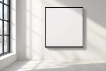 A sleek, minimalist black-framed blank canvas hanging on a white wall. Soft natural light falls
