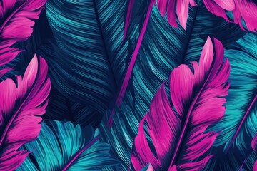 Abstract illustration with stylized leaves in vibrant shades of pink and blue on a dark background, creating a modern and dynamic effect.
