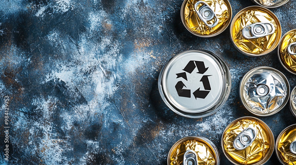 Poster a crushed aluminum can with a recycle symbol visible, placed on a plain background to highlight the 