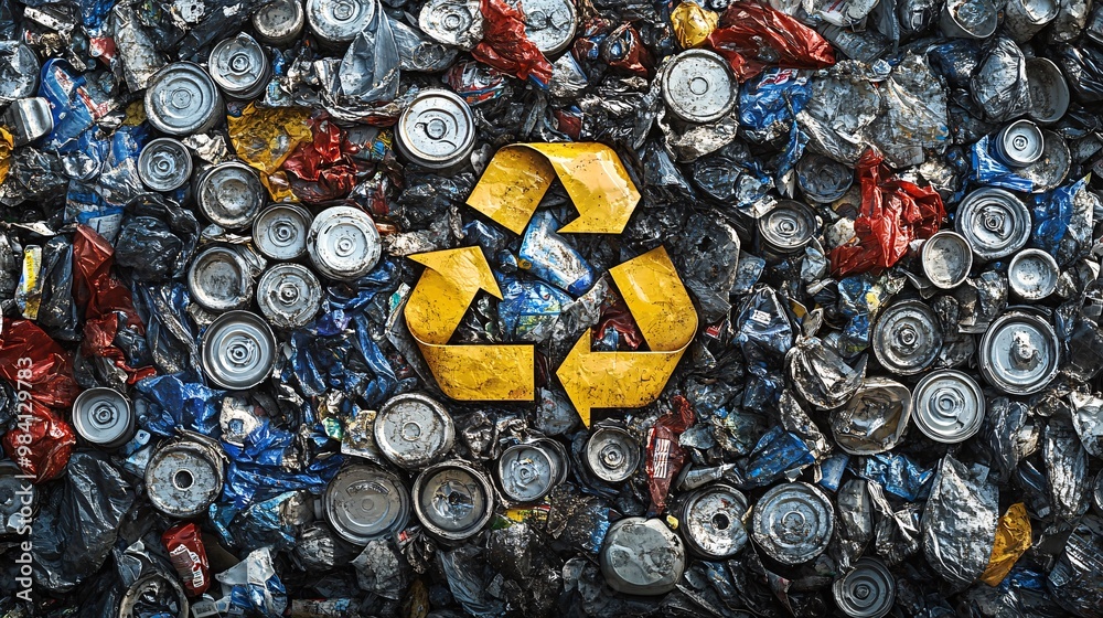 Poster A pile of recyclables including paper, plastic, and metal, each marked with a recycle symbol. The image represents the importance of separating waste for proper recycling practices. Large space for