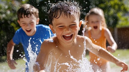 Obraz premium Joyful Kids Playing in Water Splashing Fun