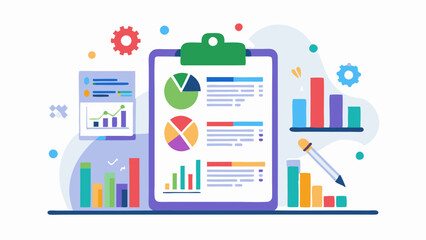 An infographic illustration displaying various charts and graphs, including pie charts and a financial report with charts and graphs. vector art illustration