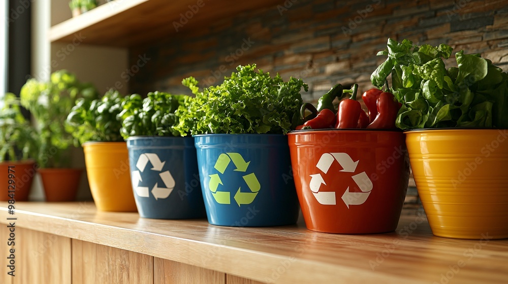 Poster A modern kitchen scene with a recycle bin prominently displaying a recycle symbol, placed next to regular trash bins. The image promotes the importance of recycling in daily household routines. Large