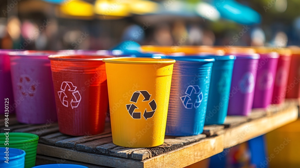 Aufkleber A stack of plastic cups with recycle symbols printed on the sides. The image encourages the use of recyclable plastic products to minimize waste in the environment. Large space for text in center