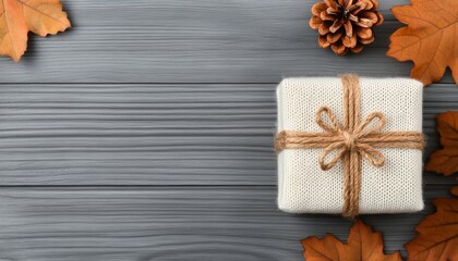 Fototapeta premium Gift box with autumn leaves on rustic wooden background.