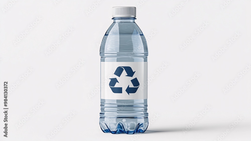 Poster a clear plastic water bottle with a recycle symbol on its label. photorealistic image isolated on a 