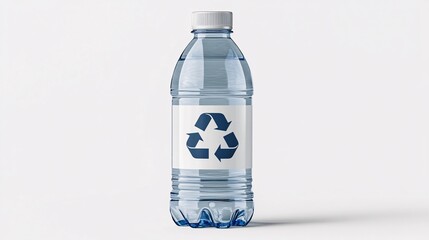 A clear plastic water bottle with a recycle symbol on its label. Photorealistic image isolated on a white background showing the bottle from a side angle. Large space for text in center Stock Photo