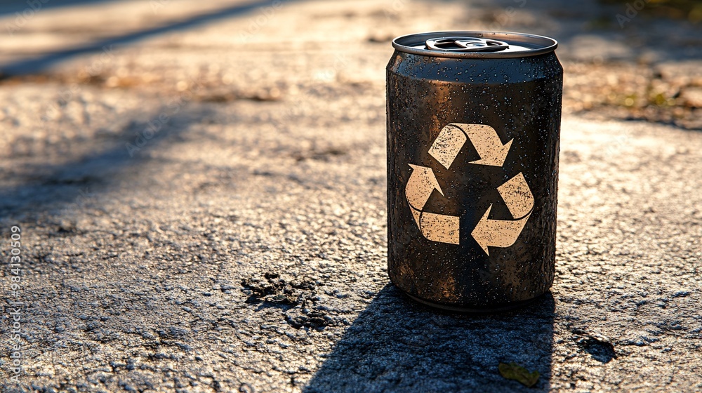 Poster an aluminum drink can featuring a recycle symbol embossed on the surface. photographed from above, s