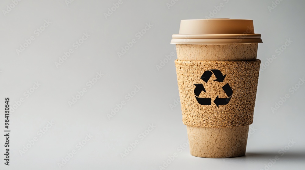 Poster A reusable coffee cup made of durable material with a recycle icon on the side. Photographed straight on, isolated against white, with visible lid and handle. Large space for text in center Stock