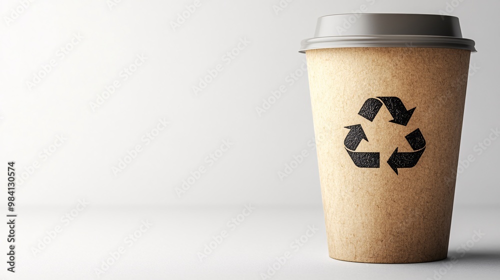 Poster A reusable coffee cup made of durable material with a recycle icon on the side. Photographed straight on, isolated against white, with visible lid and handle. Large space for text in center Stock