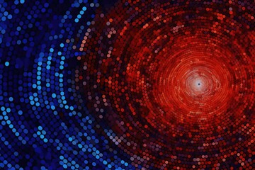 Abstract digital art with circular patterns in blue and red, forming a dynamic vortex with a depth effect and vibrant lighting.
