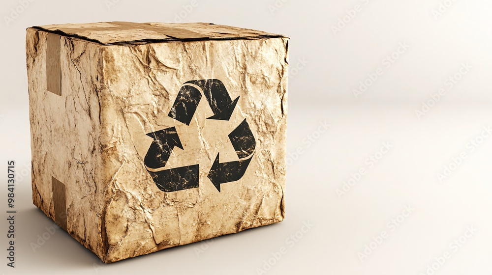 Poster a biodegradable plastic package featuring a recycle symbol in the center of the front label. photore