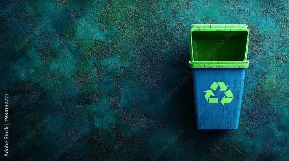 Poster A bright blue recycling bin with a prominent recycle symbol on the front. Photorealistic image from a top-down angle, showing the open lid. Large space for text in center Stock Photo with copy space