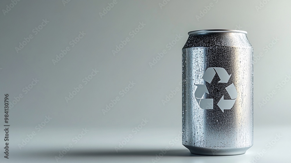 Poster An aluminum can flattened and placed on a white background, showcasing a clear recycle icon on the can surface. Photorealistic close-up from a low angle. Large space for text in center Stock Photo